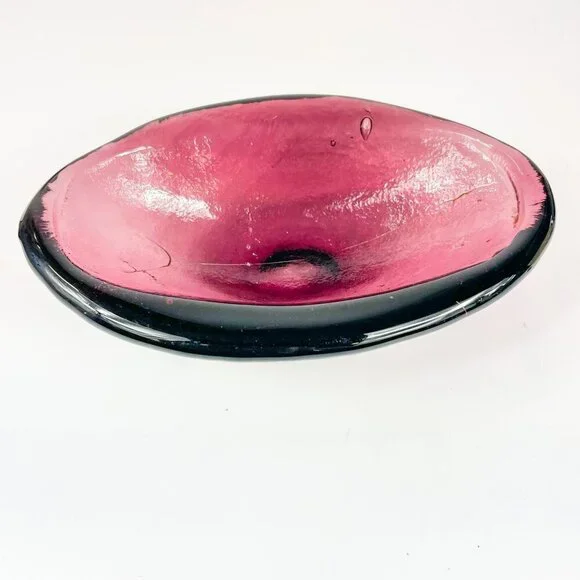 Vintage Blenko Amethyst Textured Art Glass Oval Bowl Cigar Ashtray